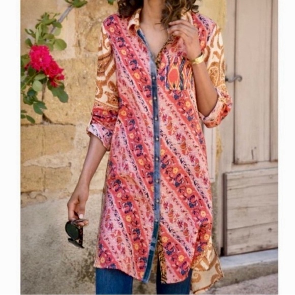 Soft Surroundings Long Flowy Blouse Boho Tunic Beach Coverup Casual Summer Top M - Picture 3 of 12